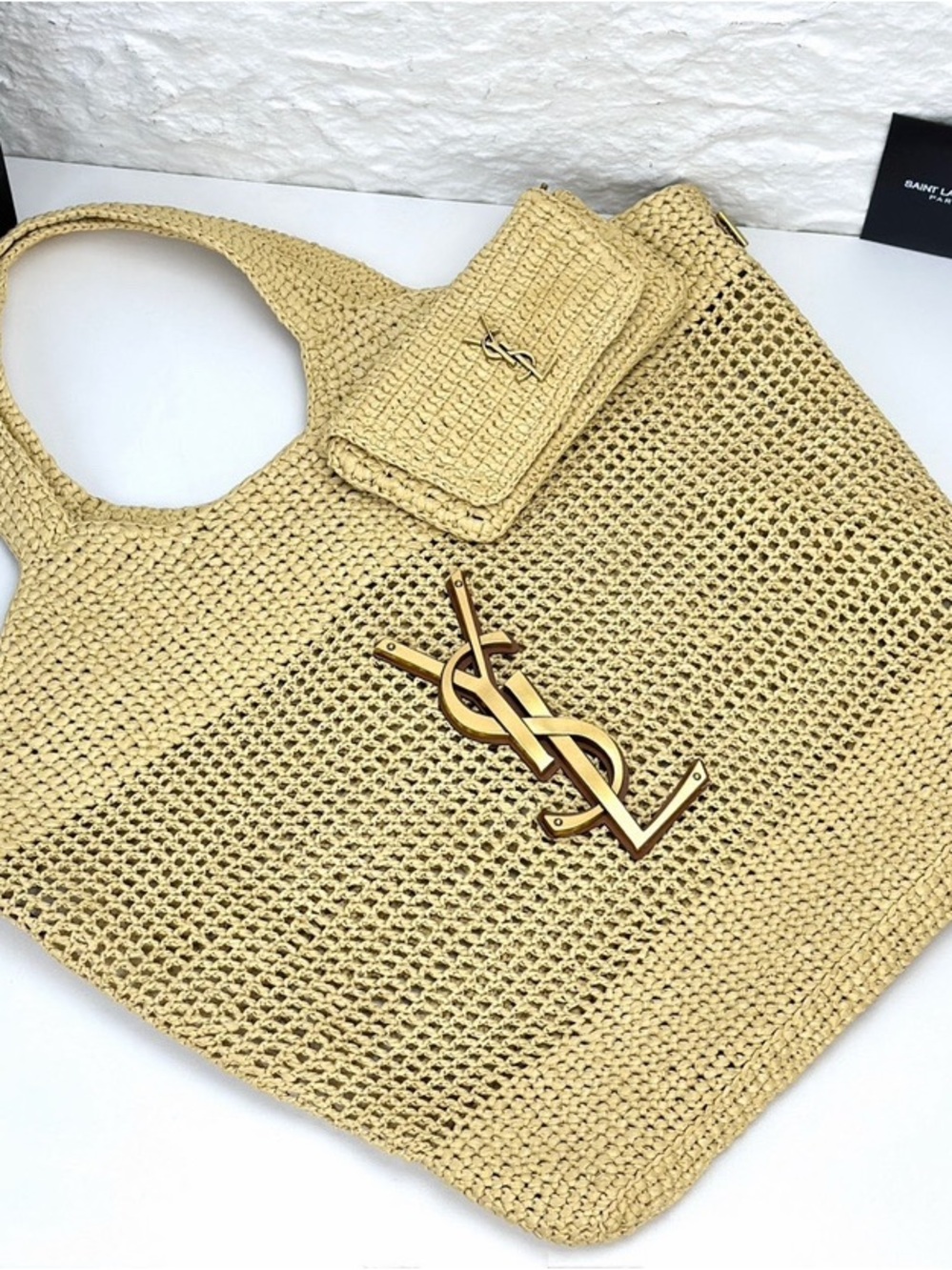 Beige Woven Tote with Gold Logo